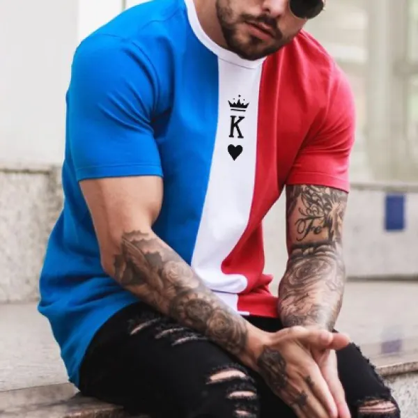 Men's Fashion King Of Spades Color Matching Printed Casual Short Sleeve T-Shirt - Sanhive.com 