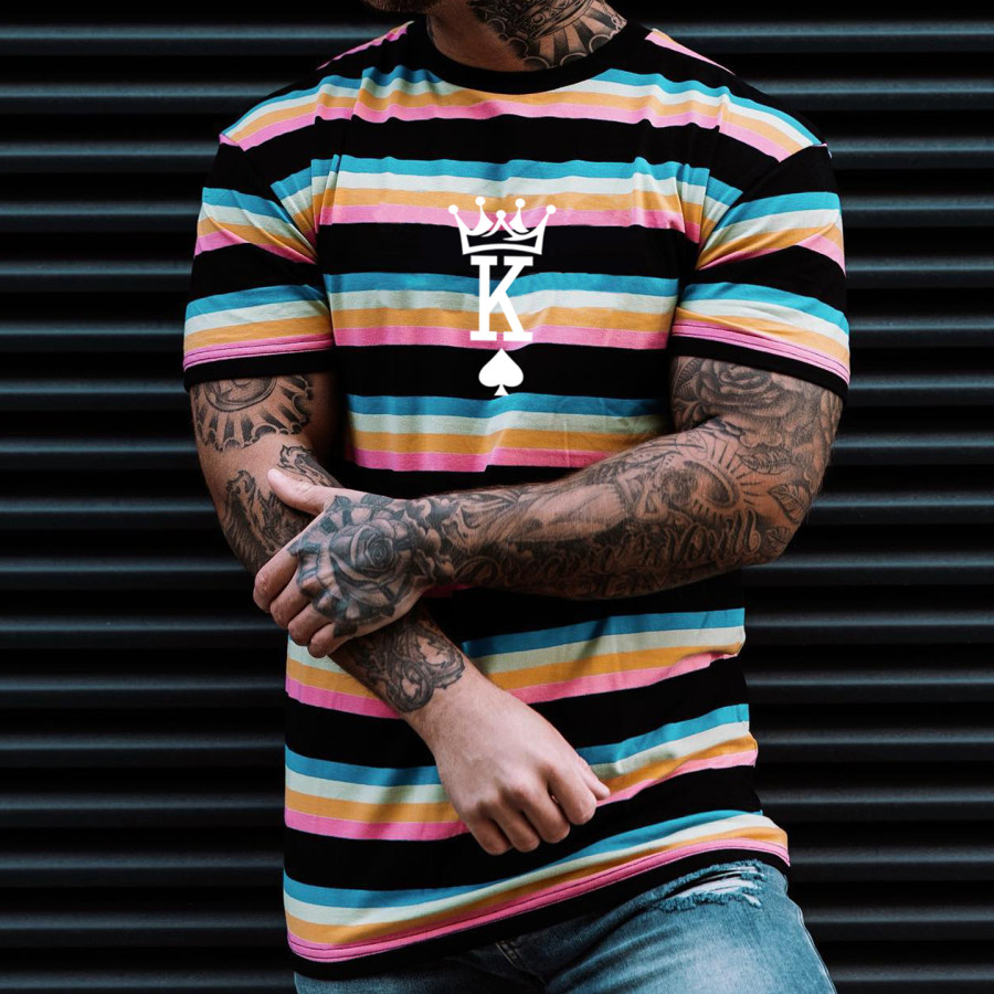 

Men's Fashion Peach Heart KING Stripe Print Casual Short Sleeve T-Shirt