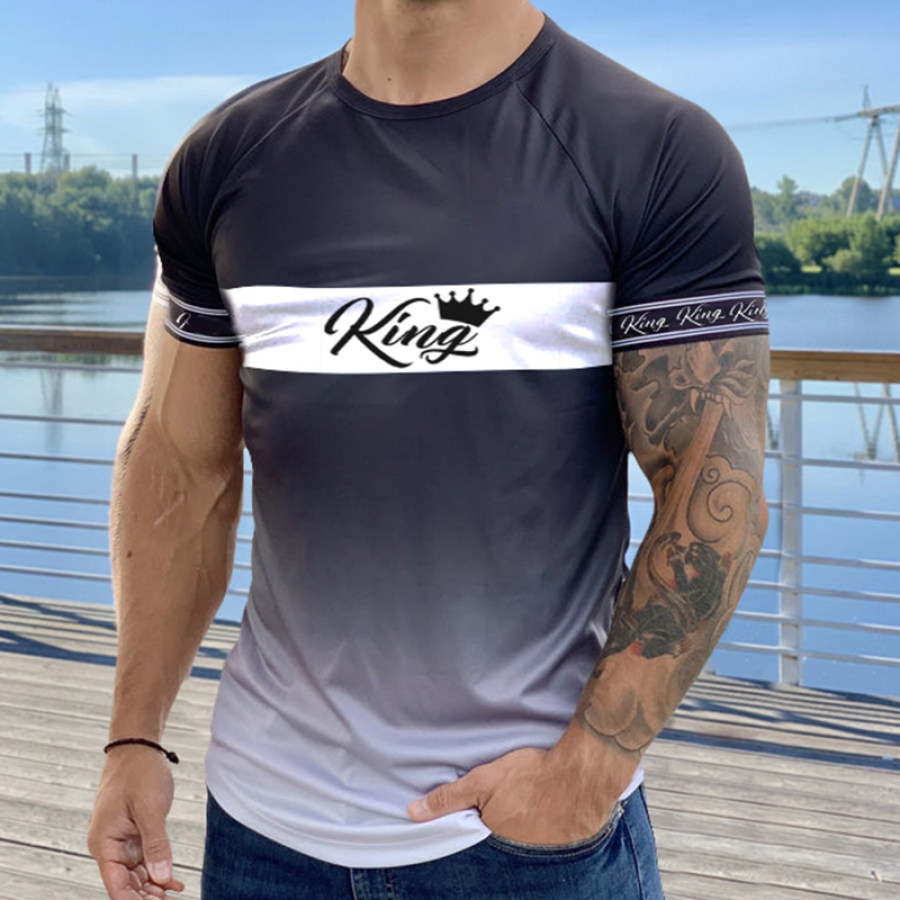 

Men's Fashion Black And White Gradient Crown King Print Casual Slim Short Sleeve T-Shirt