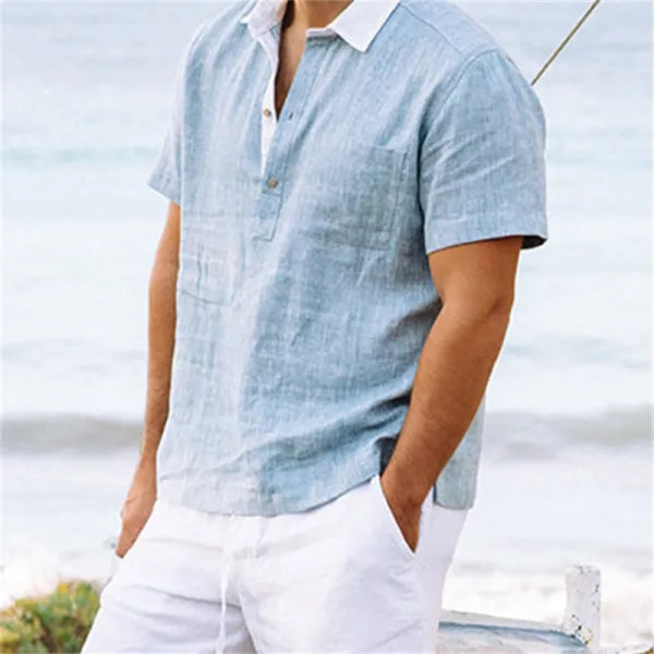 Men's Resort V-Neck Linen Shirt - Fineyoyo.com 