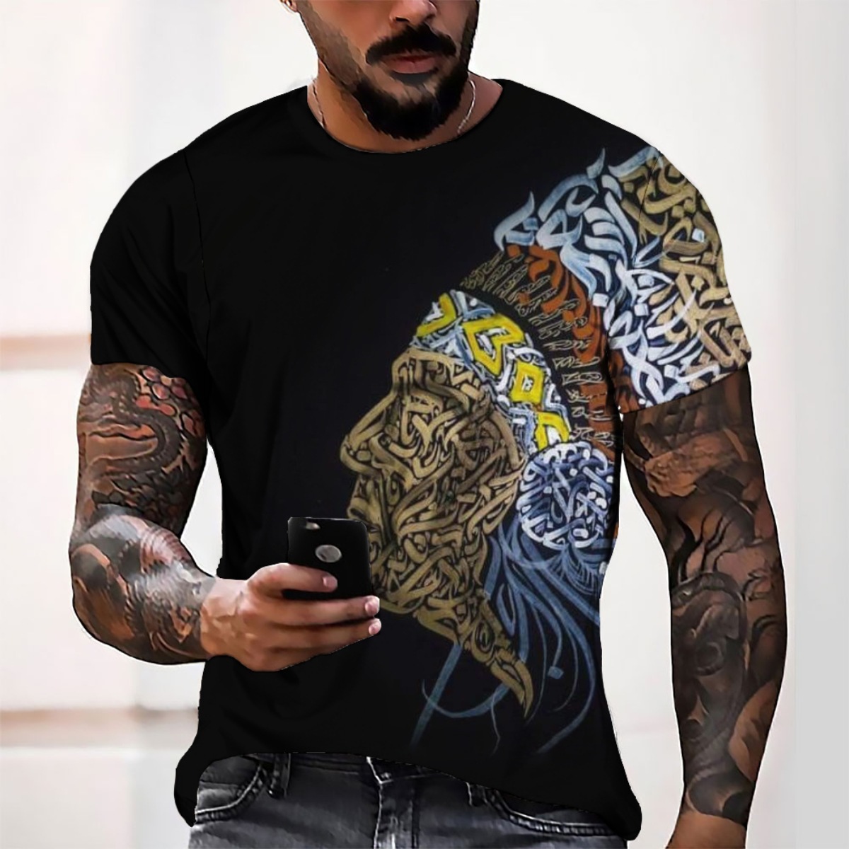 Shopify2022 Cross-border New Summer Chic 3d Digital Printing Interracial Avatar Male Casual Loose Short-sleeved T-shirt