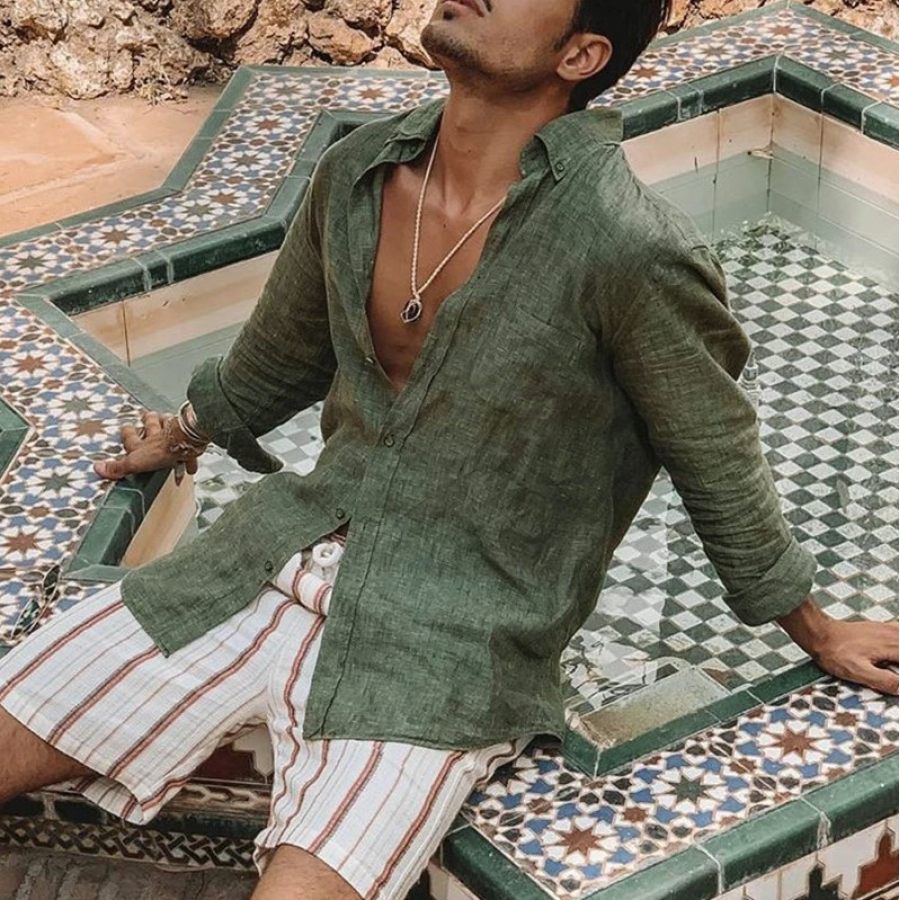 

Mens Long Sleeve Button Cotton And Linen Shirt