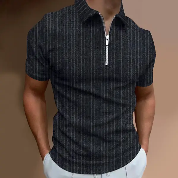 Striped Zip Lapel T-Shirt Polo Shirt - Kalesafe.com 