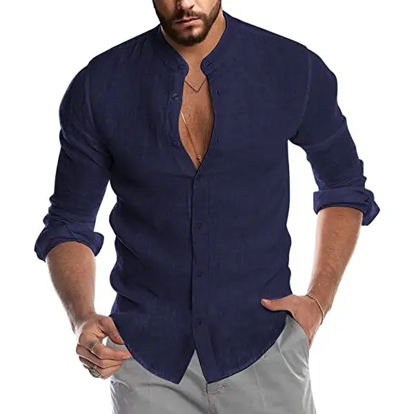 Men's Casual Linen Shirt Band Collar Long Sleeve Button Down Shirt - Sanhive.com 