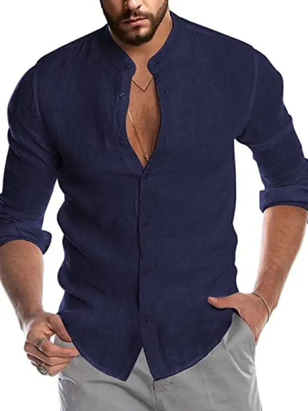 Men's Casual Linen Shirt Band Collar Long Sleeve Button Down Shirt - Oasisjoy.com 