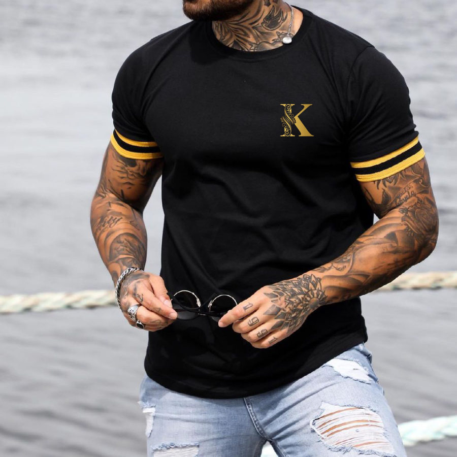 

Men's Fashion K Print Color Matching Casual Slim Fit Short Sleeve T-Shirt