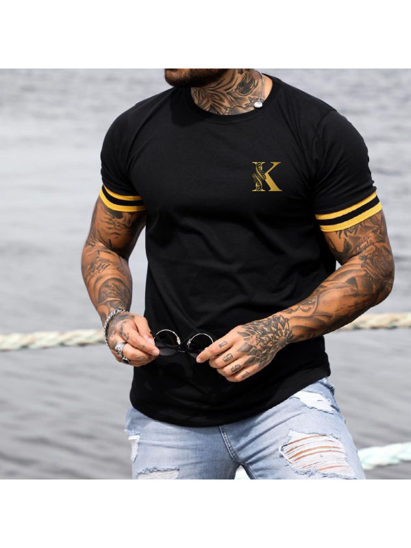 Men's Fashion K Print Color Matching Casual Slim Fit Short Sleeve T-Shirt