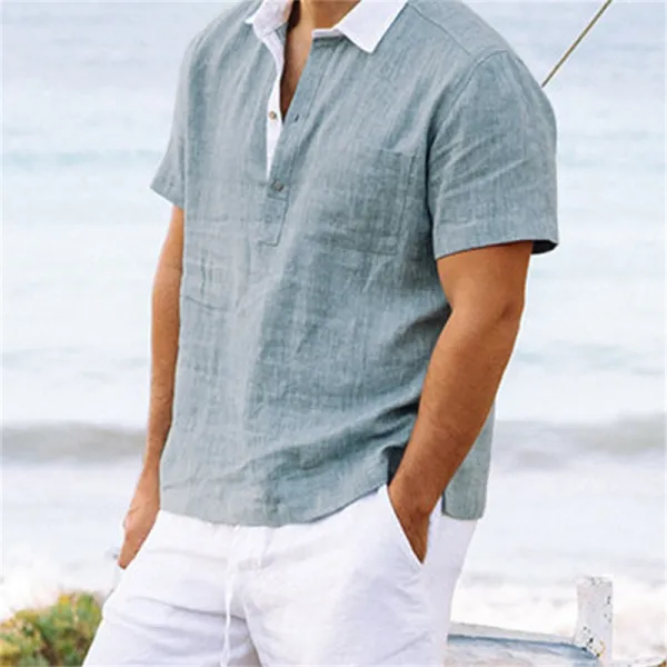 Men's Resort V-Neck Linen Shirt - Sanhive.com 