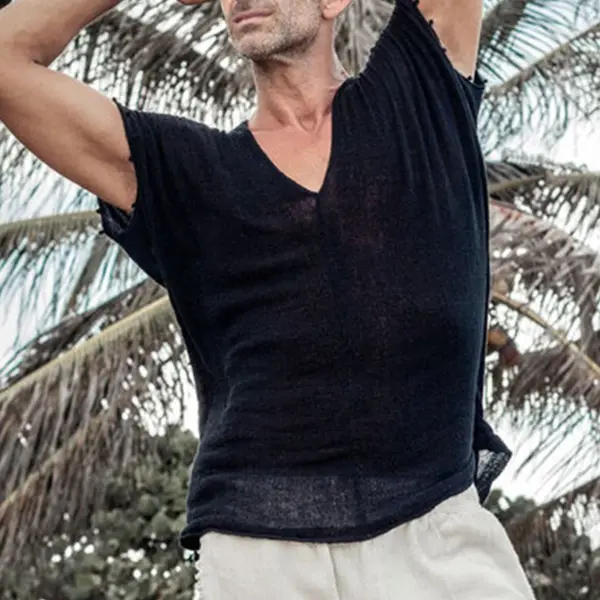 Men's Tulum Linen V-Neck Short Sleeve Top - Sanhive.com 