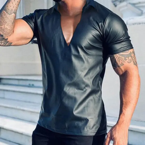 Leather V Neck Polo Slim-Fit T-Shirt - Menilyshop.com 