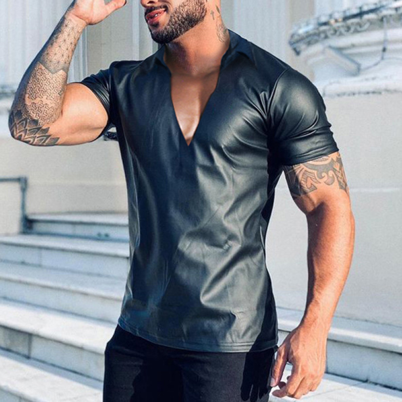 Leather V Neck Polo Slim Fit T Shirt