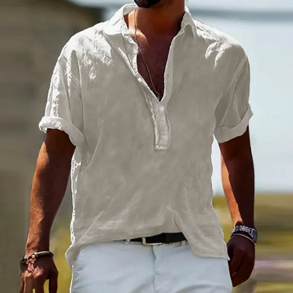 Men's Casual Solid Color Cotton Linen Half Open Collar Shirt - Menilyshop.com 