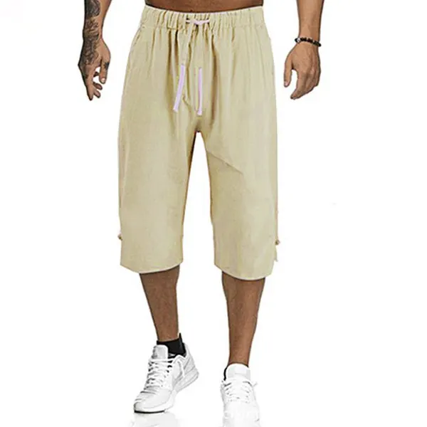 Men's Linen Solid Color Casual Mid Length Shorts - Mosaicnew.com 