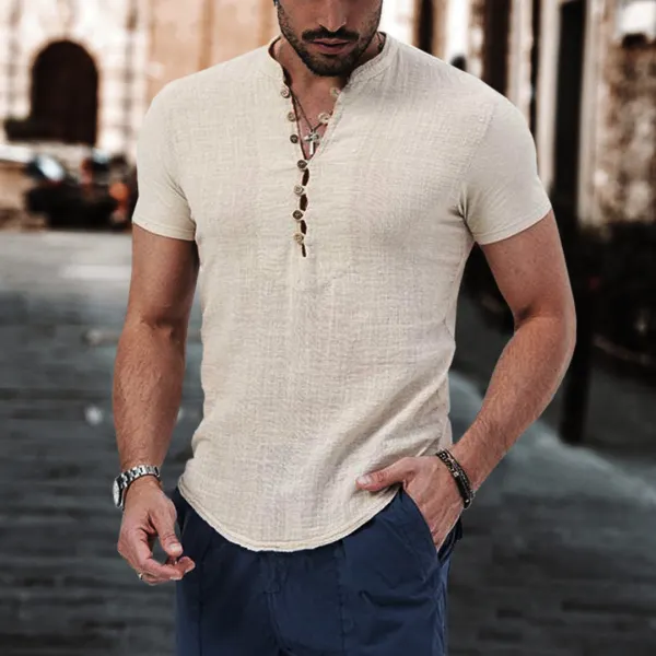 Men's Solid Cotton Linen Henley Collar Casual Slim Fit Stretch T-Shirt - Chrisitina.com 