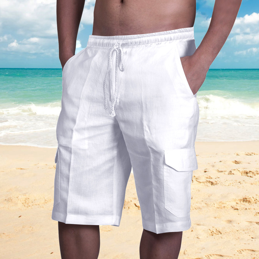 

Men's Linen Double Pocket Tethered Beach Cargo Shorts