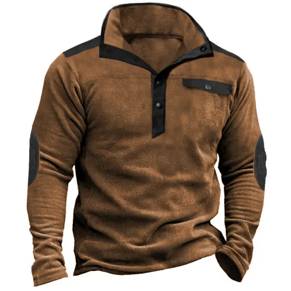 Men's Outdoor Fleece Warm Colorblock Snap Sweatshirt - Blaroken.com 