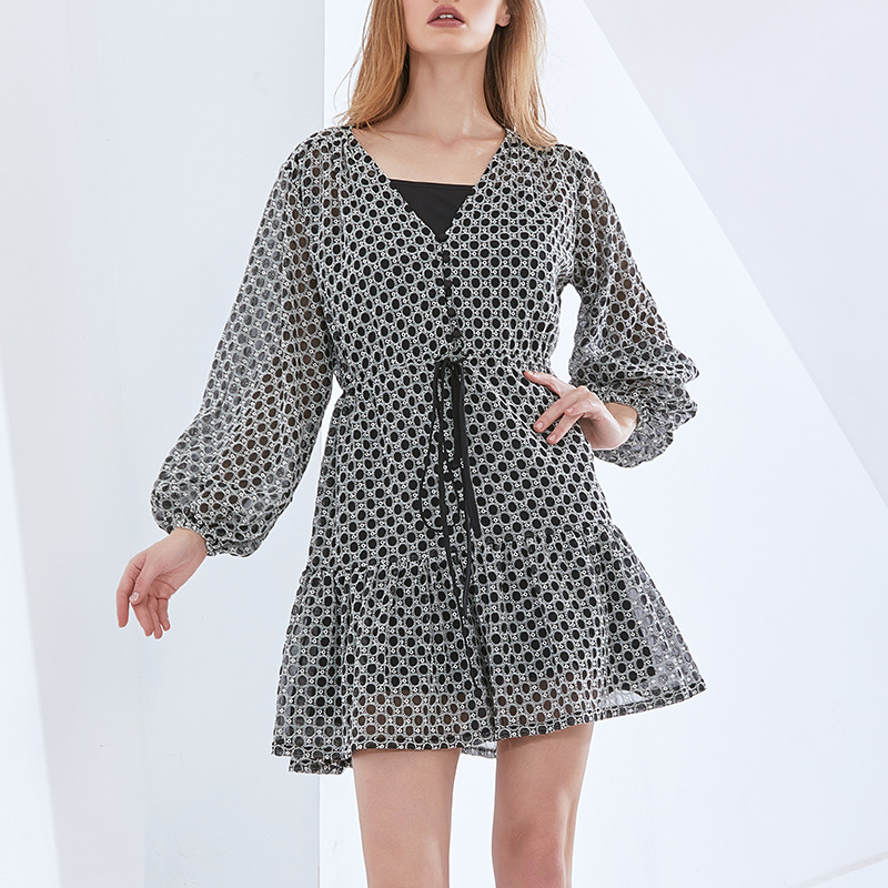 Elegant Temperament V neck Printed Lantern Sleeve Sexy A line Dress
