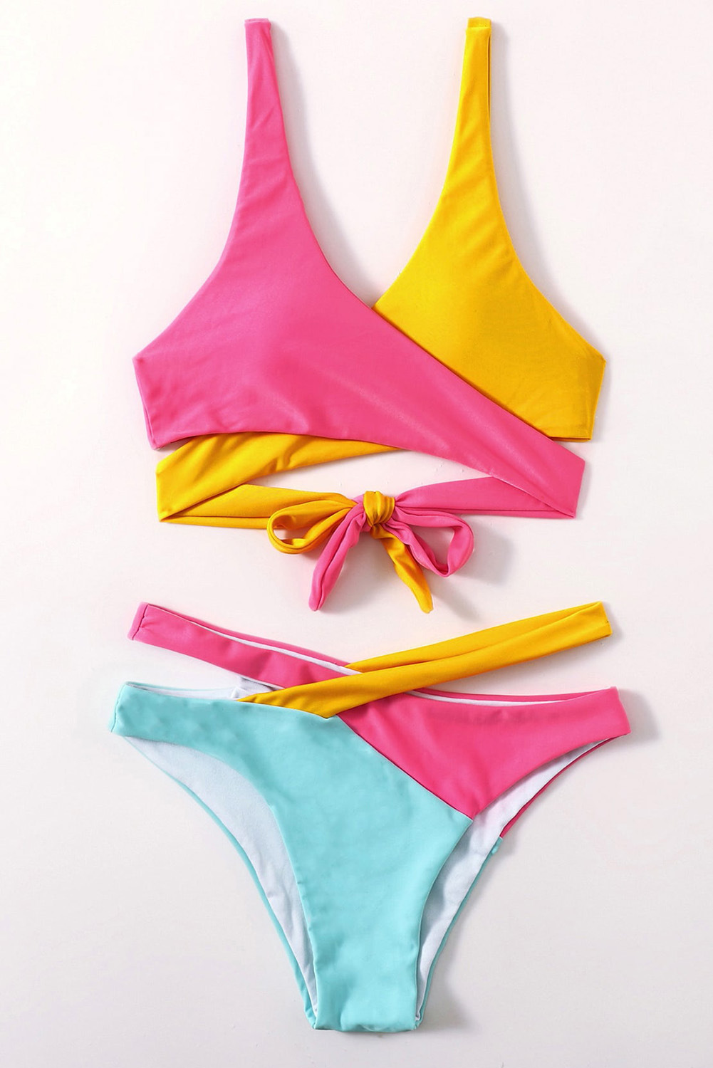 Three color Patchwork One piece Tie Bikini