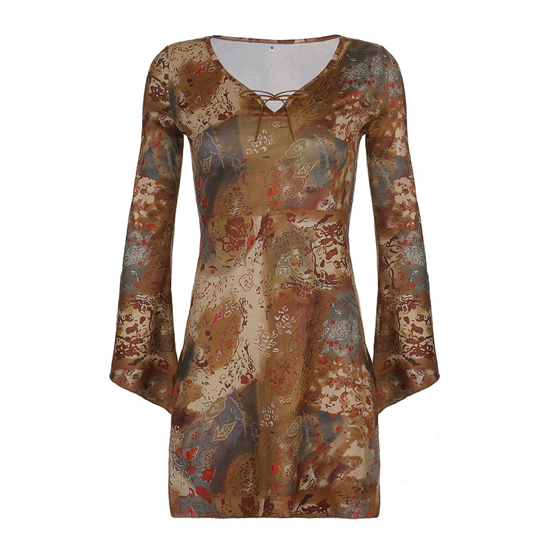 V Neck Split Long Sleeve Mini Dress Brown SV Neck Split Long Sleeve Mini Dress Brown SV Neck Split Long Sleeve Min