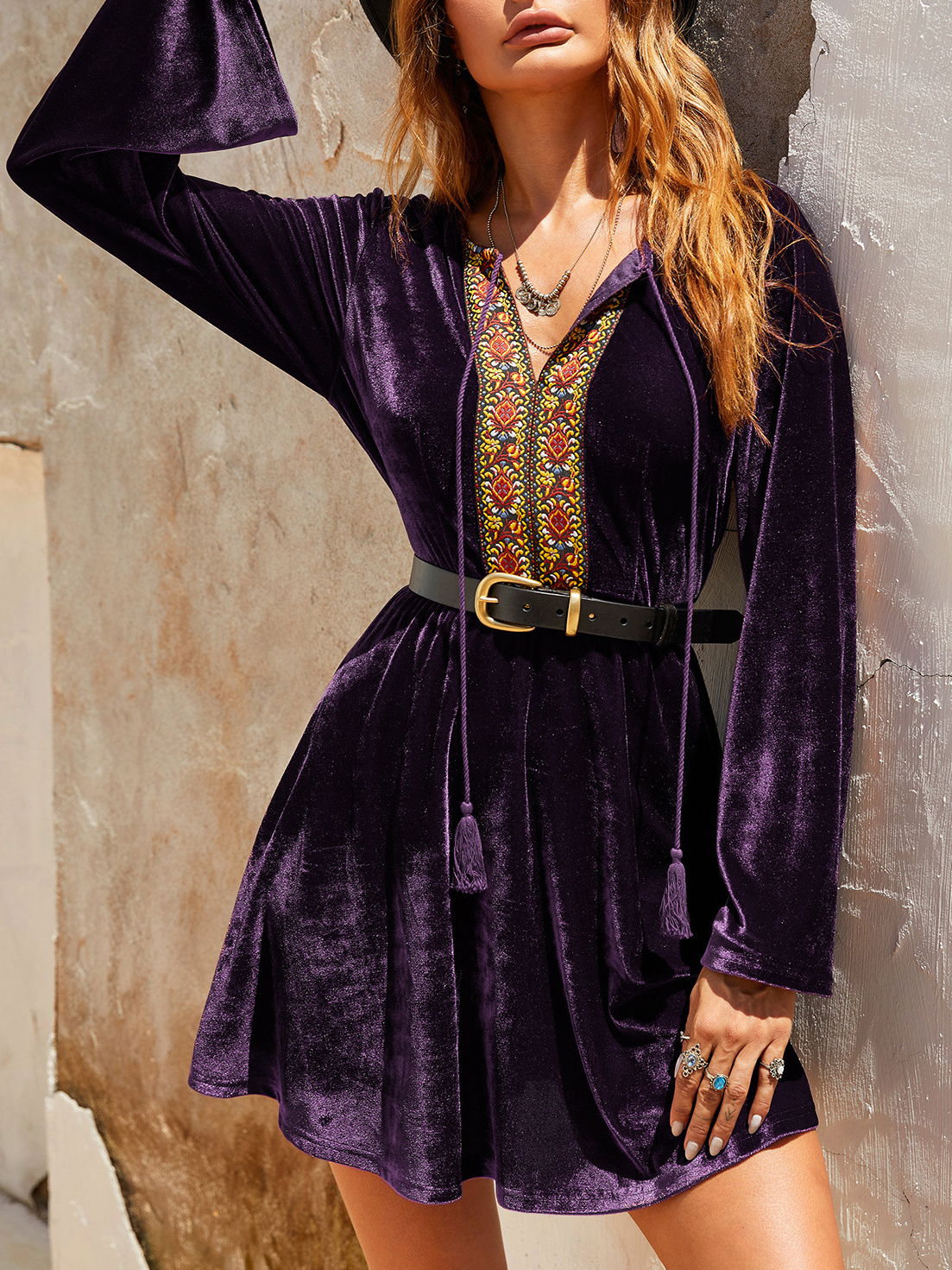 Can Be Mixed Batch Bohemian Style Fringed Webbing Embroidered Velvet Holiday Dress