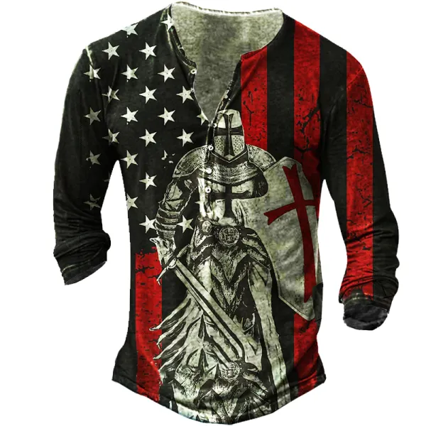 Crusader American Flag Men's Vintage Henley Button Long Sleeve Shirt - Chrisitina.com 