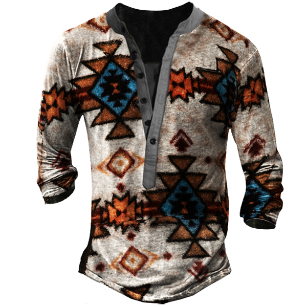 Men's Outdoor Western Ethnic Chic Aztec Graphic Henry Fleece Shirt