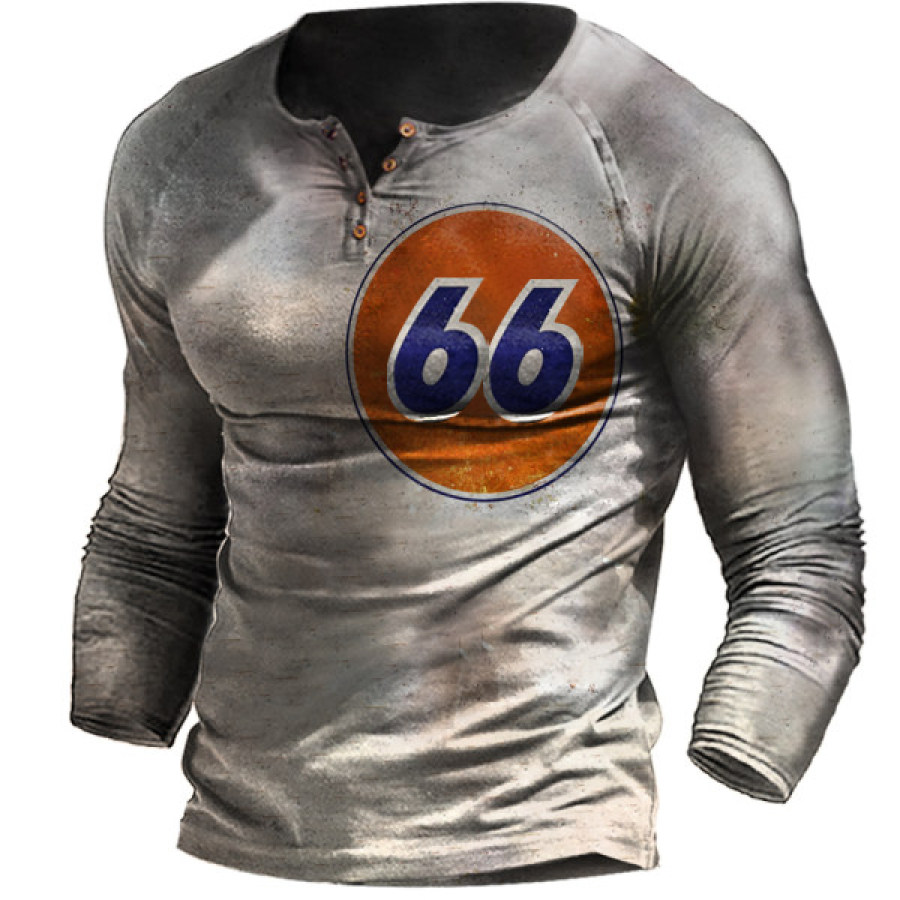 

Route 66 T-shirt Henley A Maniche Lunghe Per Moto Retrò Outdoor Da Uomo