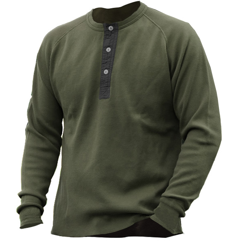 Mens Vintage Henley Button Chic Quick-drying Tactics Casual Long Sleeve T-shirt