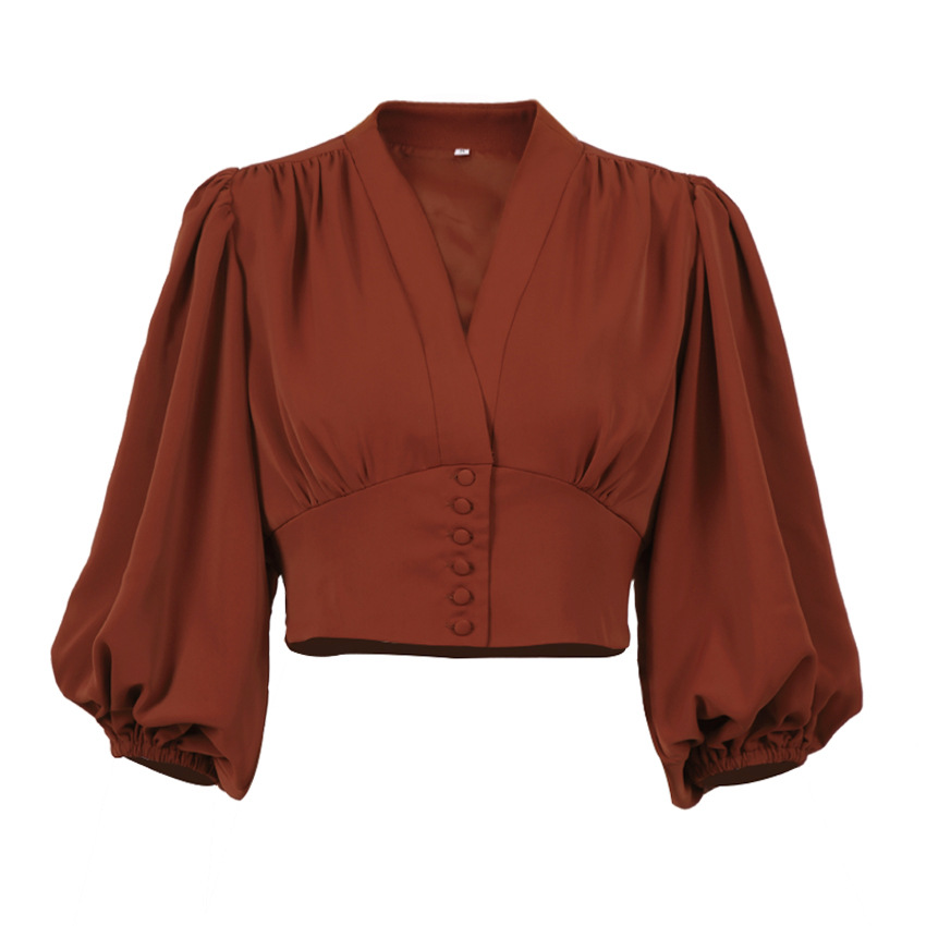 French V neck Court Style Temperament Lantern Sleeve Slim Long sleeved Shirt