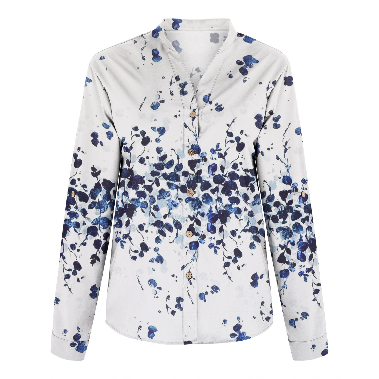 Printed Long Sleeve Single Breasted Stand Collar Shirt