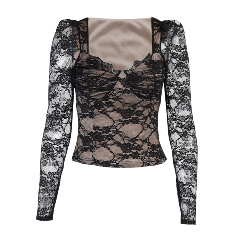 Fashionable Sexy Waist Bag Body V Neck Breast Cup Lace Long Sleeve Shirt