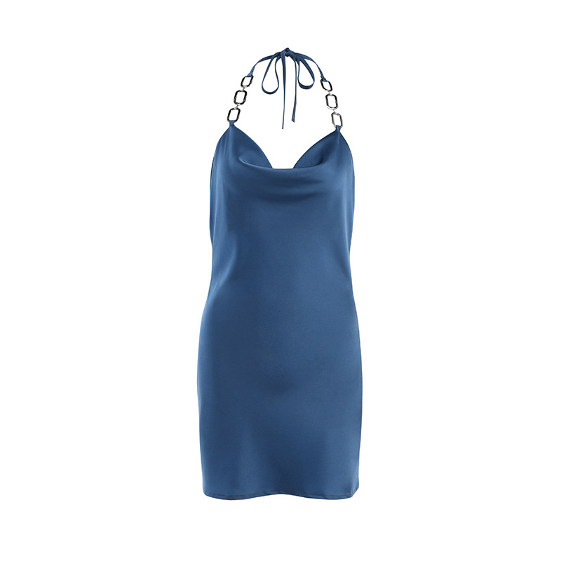Sexy Metal Ring Chain Satin Short Skirt Temperament Commuter Solid Color Dress