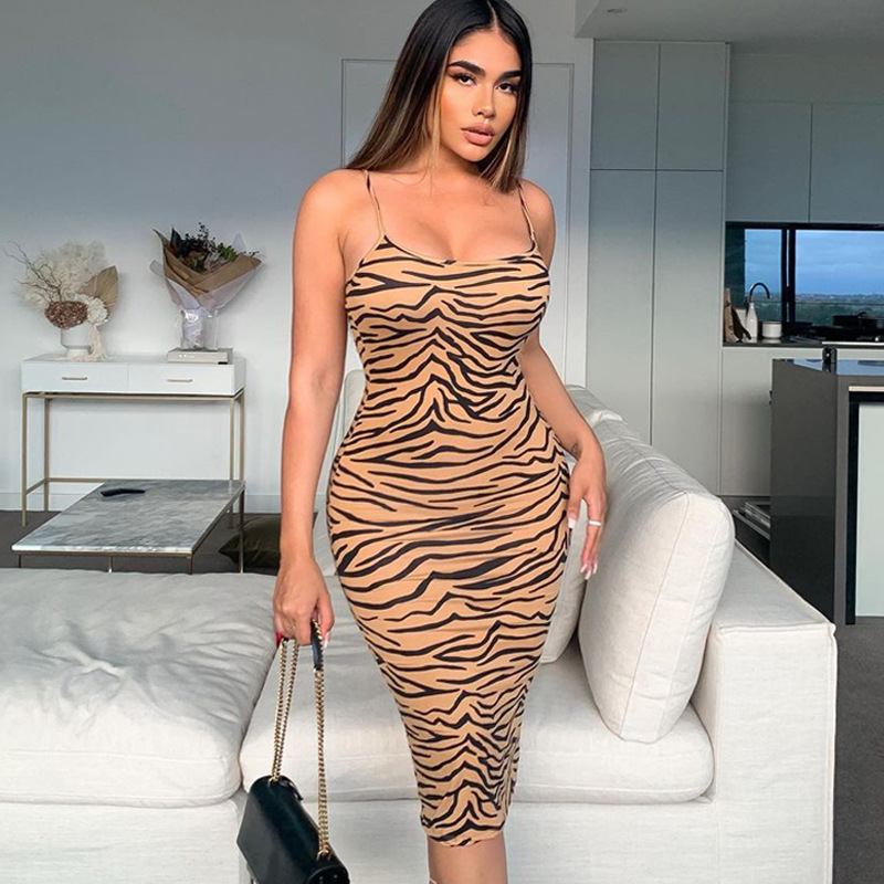 European And American Style Women's Clothing New Winter Fashion Printing Slim Fit And Thin Slit Suspender Dress Foreign Trade Wholesale