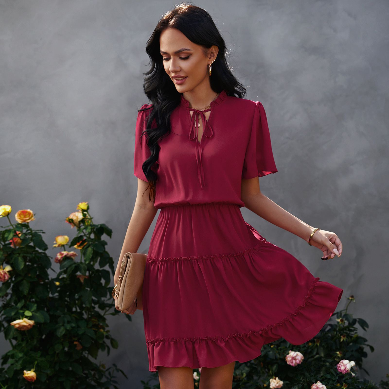 Solid Color Stand Collar Loose Ruffle Dress