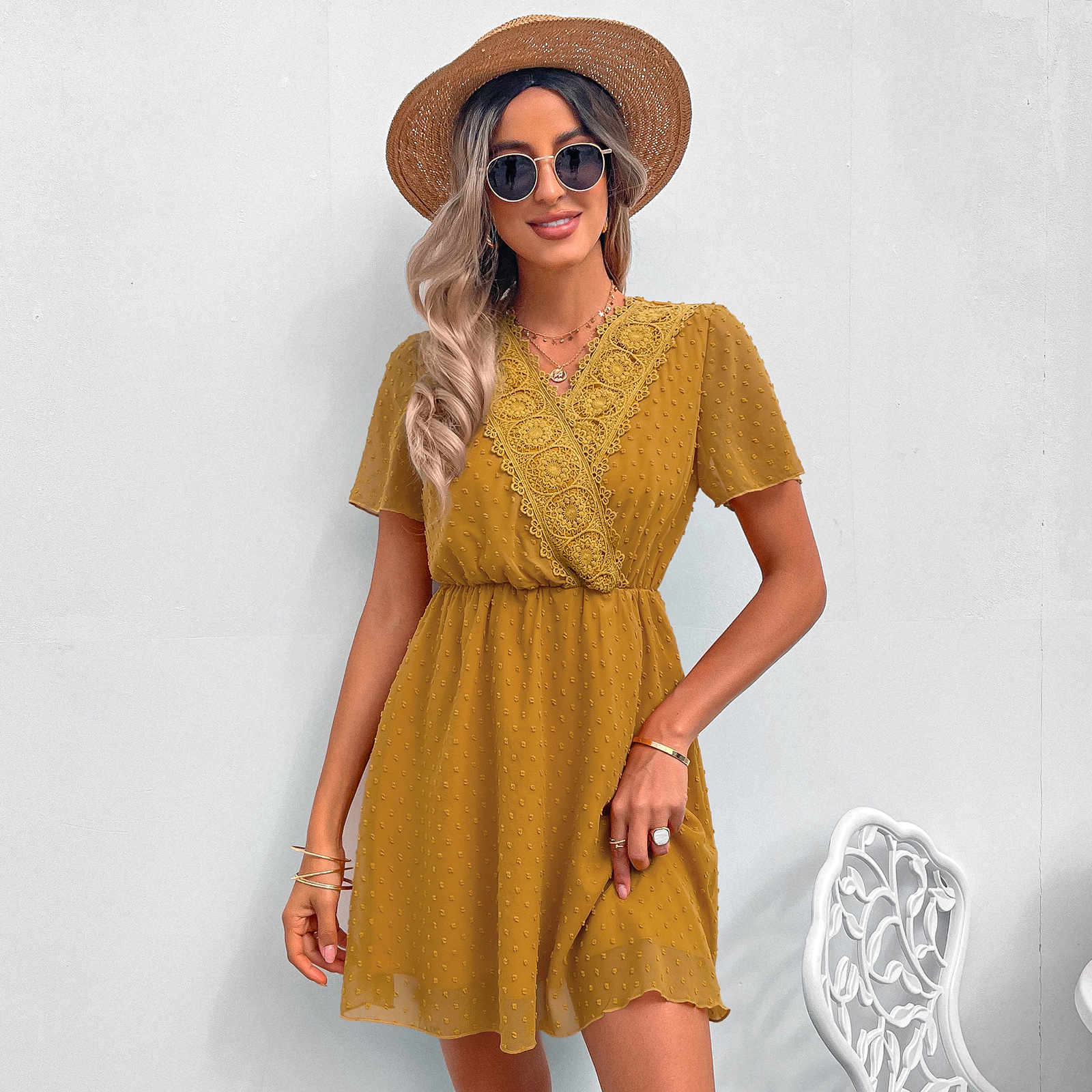V Neck Lace Polka Dot Dress