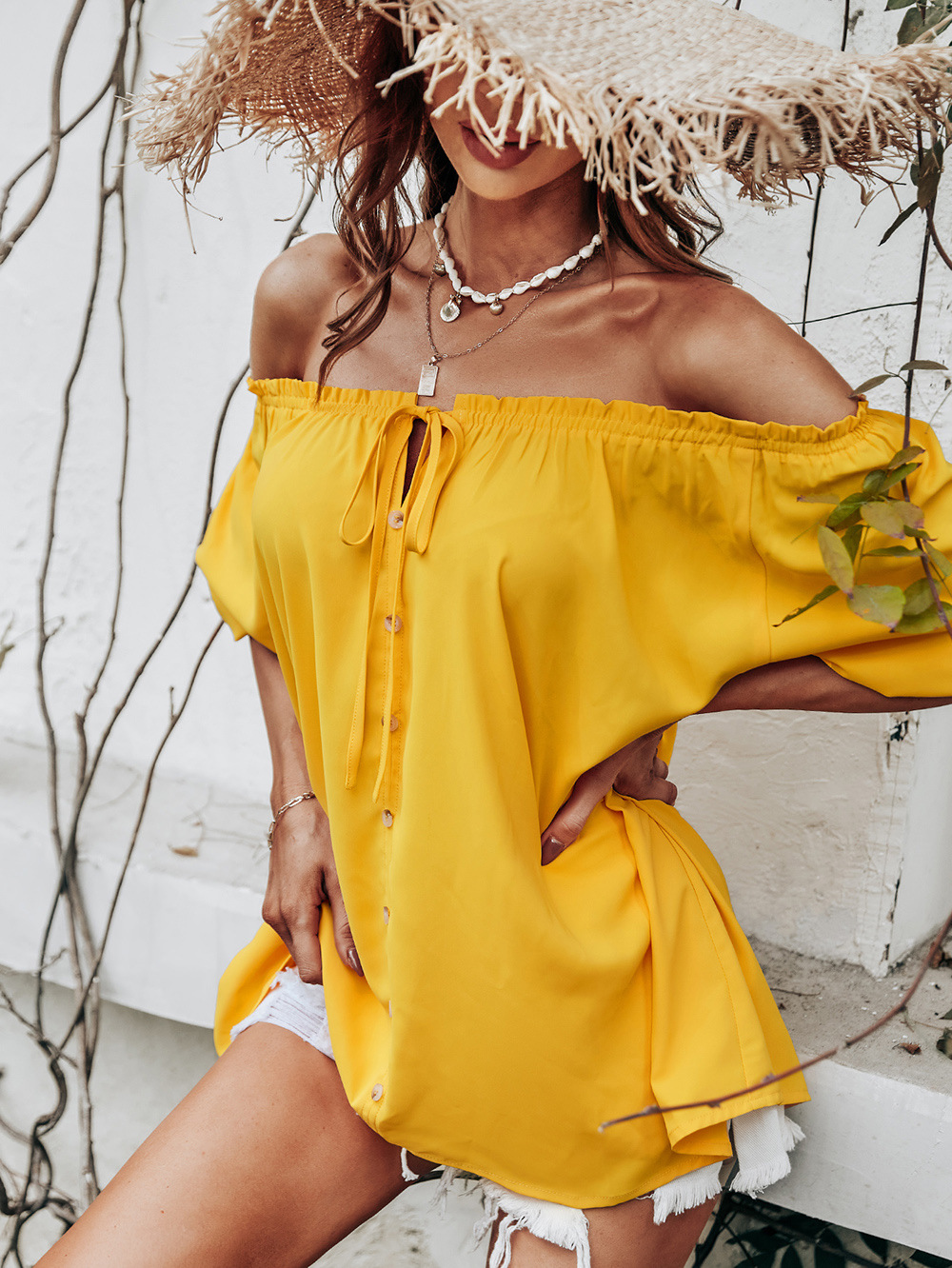 Round Neck Tie Casual Loose Solid Color Short Sleeve Blouse