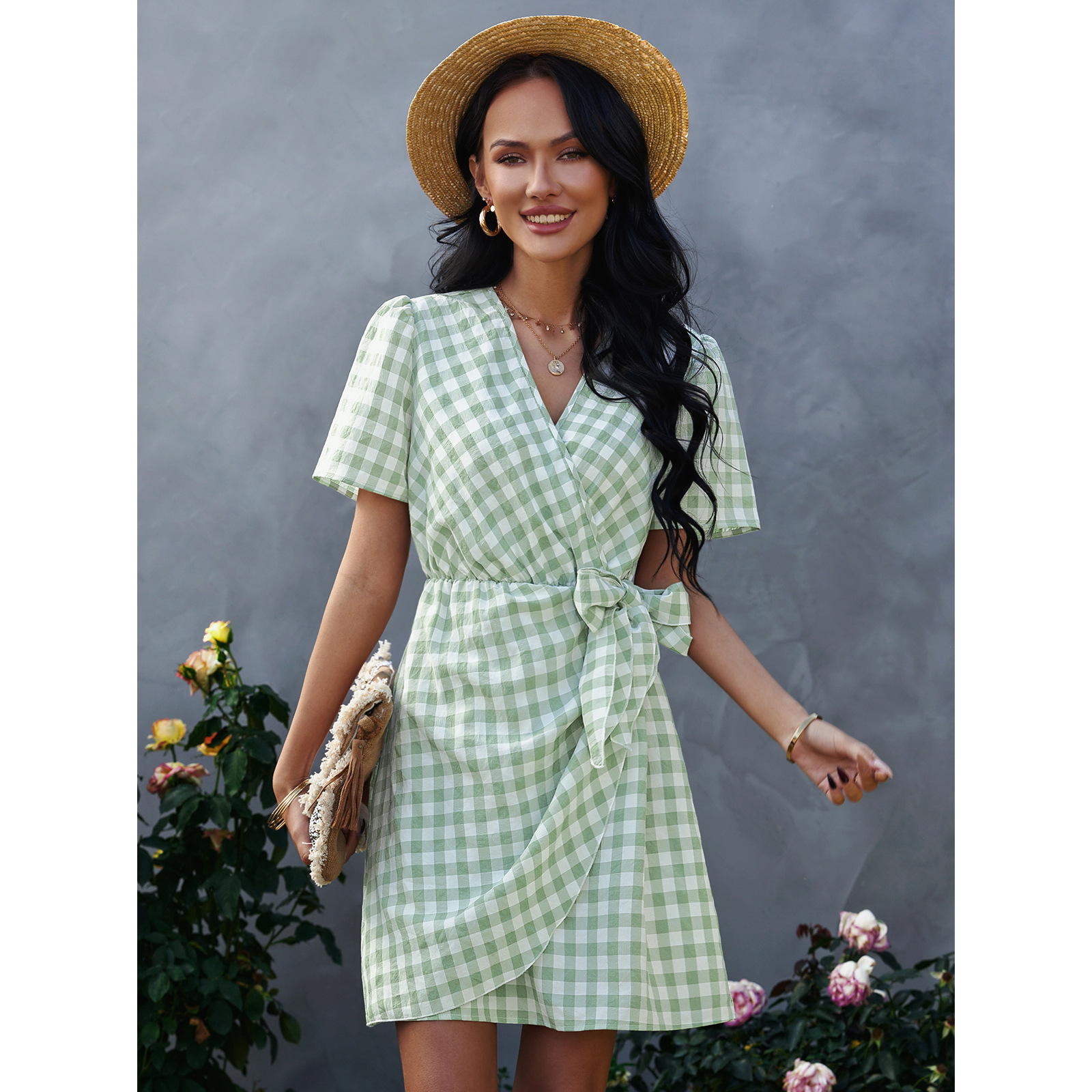 Plaid Fashion Bow V Neck Dress