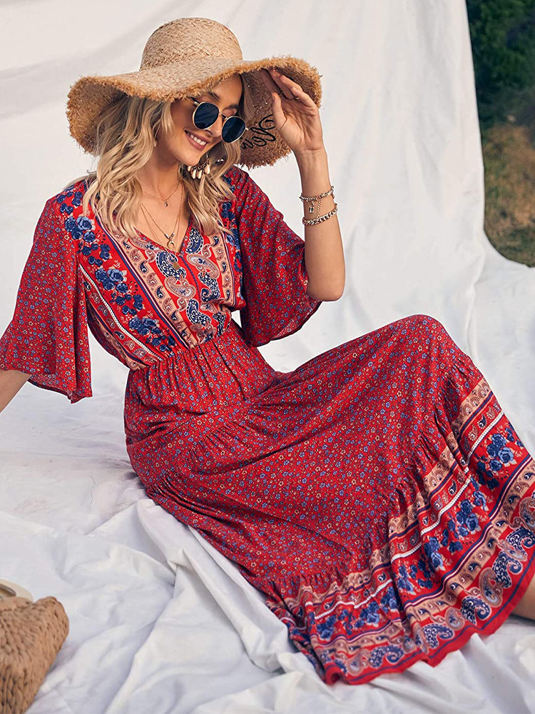 Boho Style V neck Short Sleeve Tiered Maxi Dress