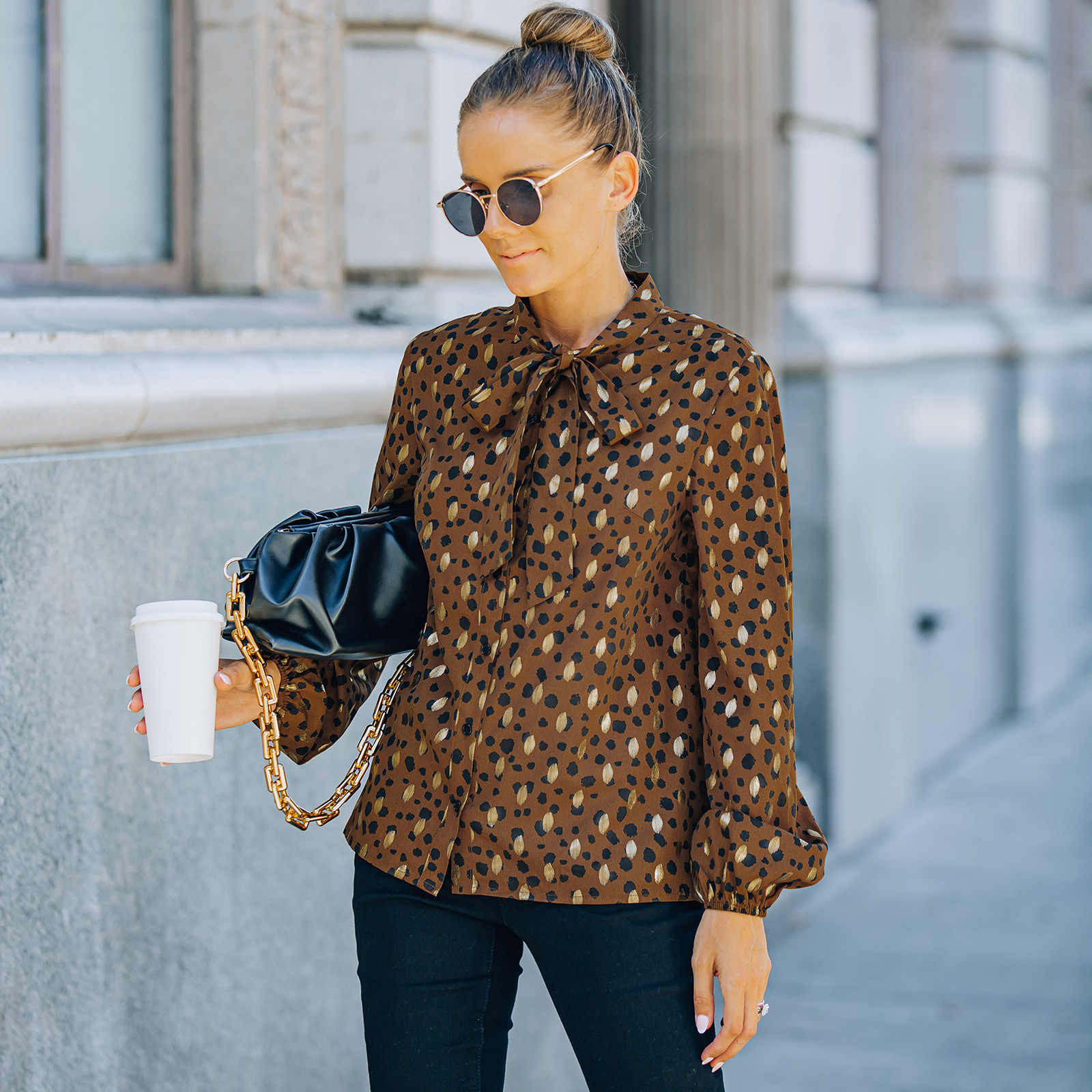 Bronze Leopard Print Long sleeve Chiffon Shirt