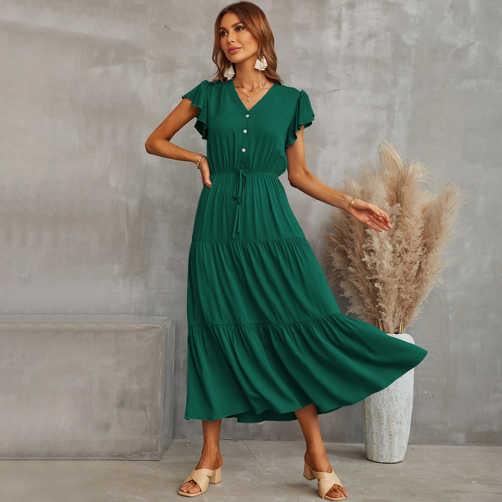 Casual Lotus Leaf Sleeve Solid Color V neck Cake Dress