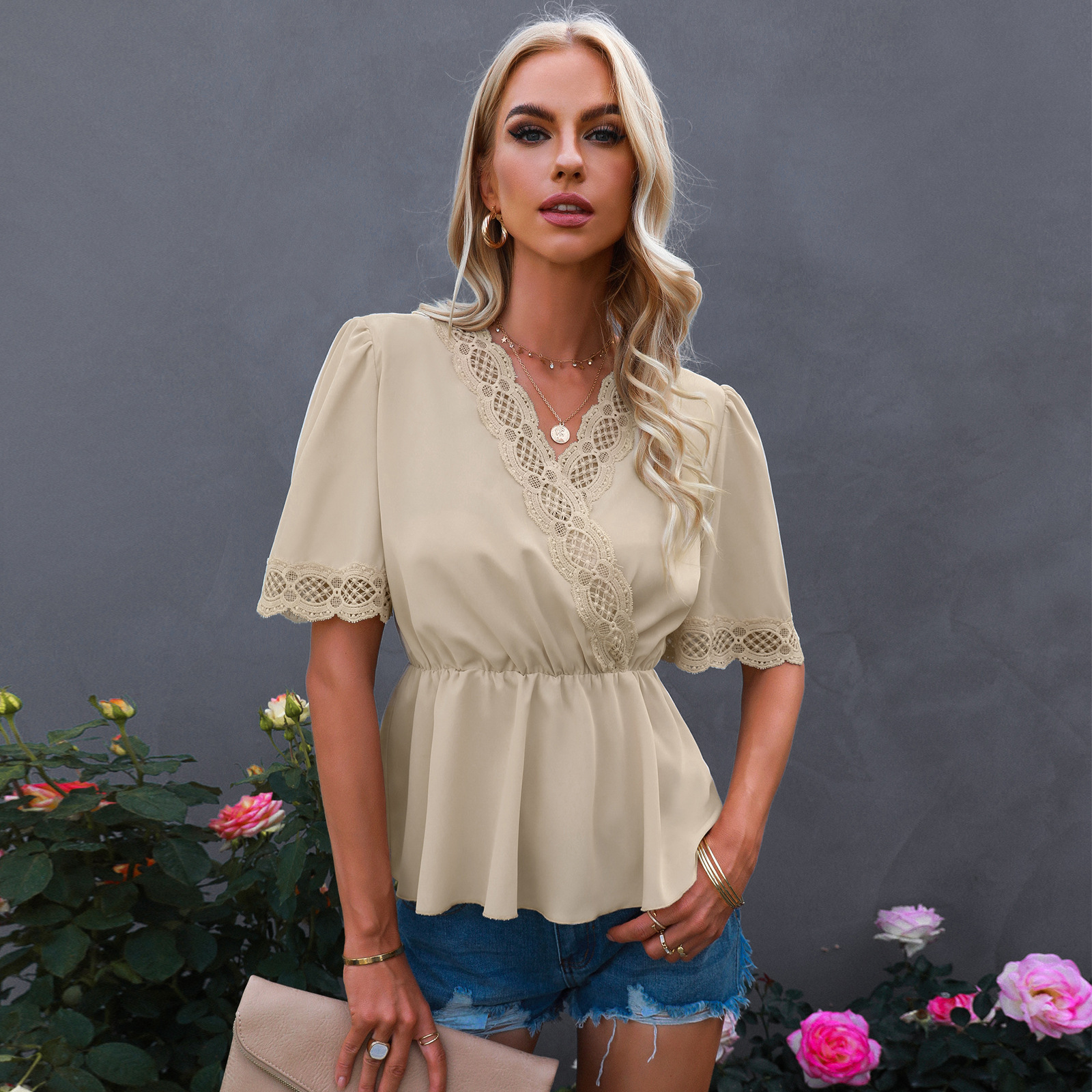 Lace V Neck Neck Waist Open Back Shirt