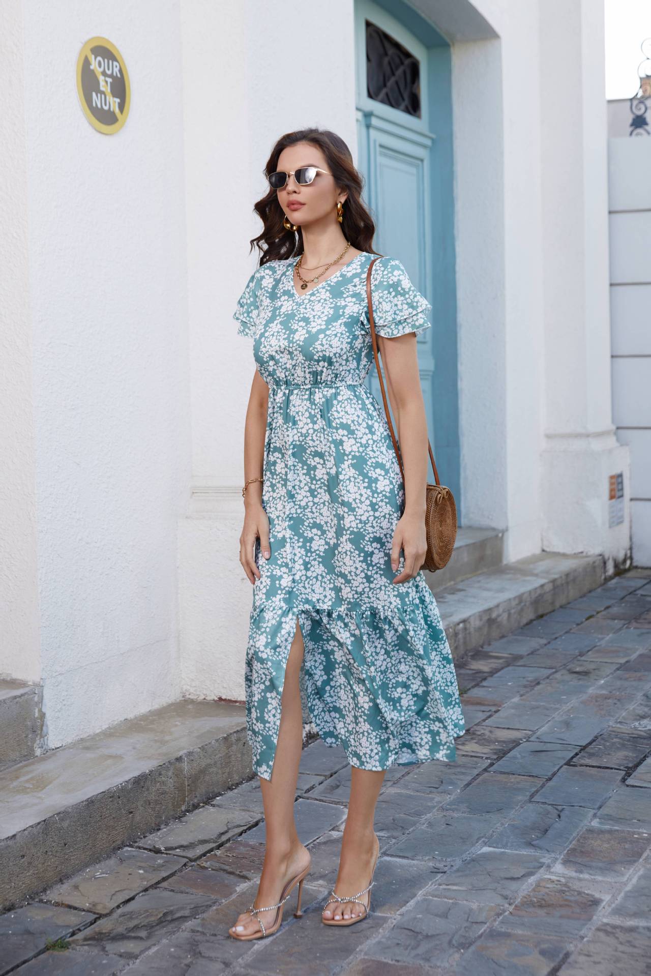 Ins Style Floral Print V neck Short sleeved Midi Dress