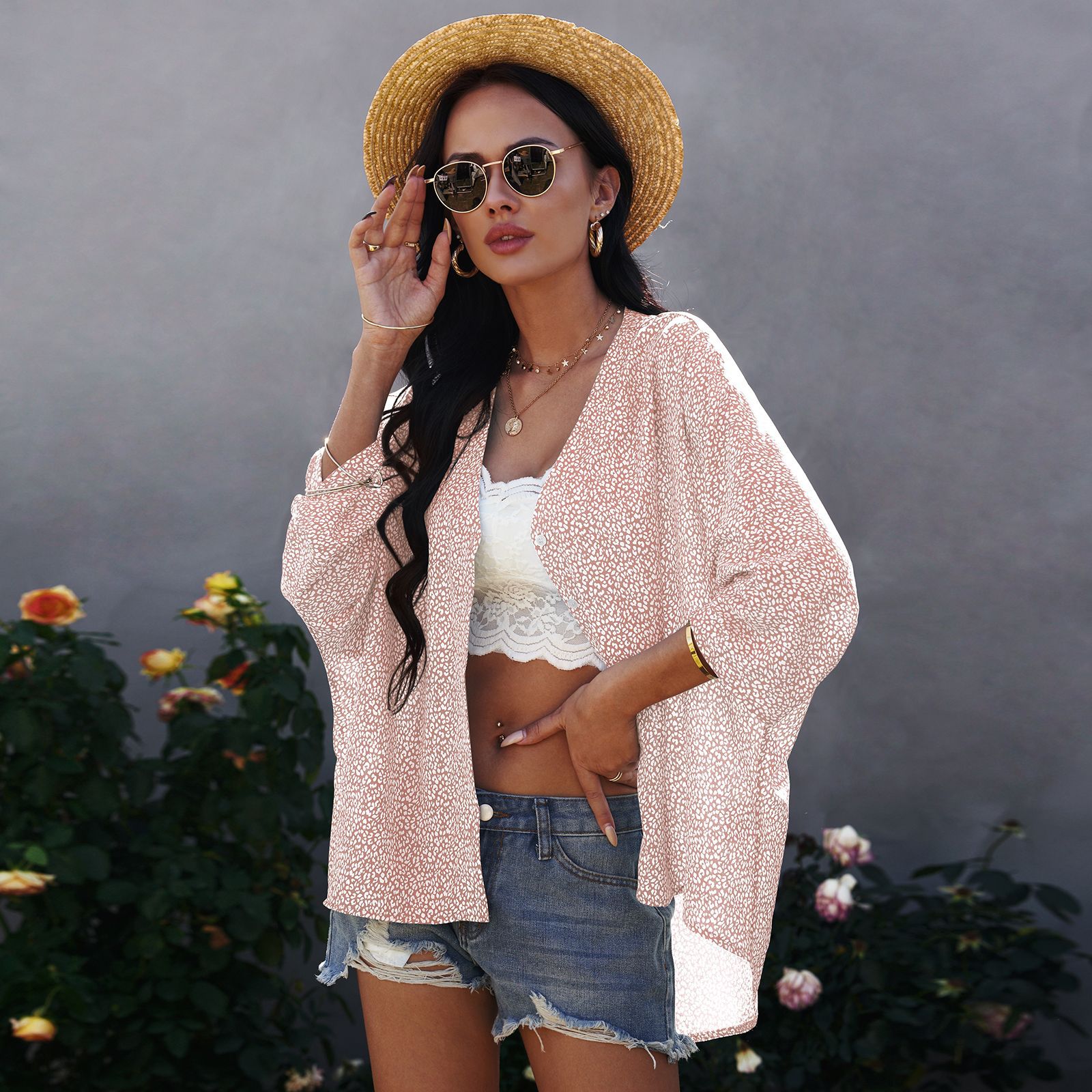 Floral Print Sheer Chiffon 3/4 Sleeve V Neck Shirt