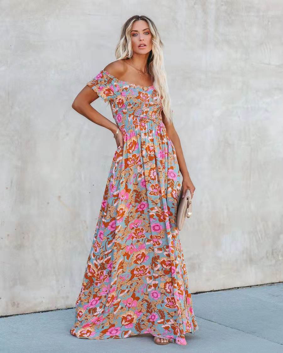 Summer High Waist Floral Printed Off the shoulder Maxi Dress