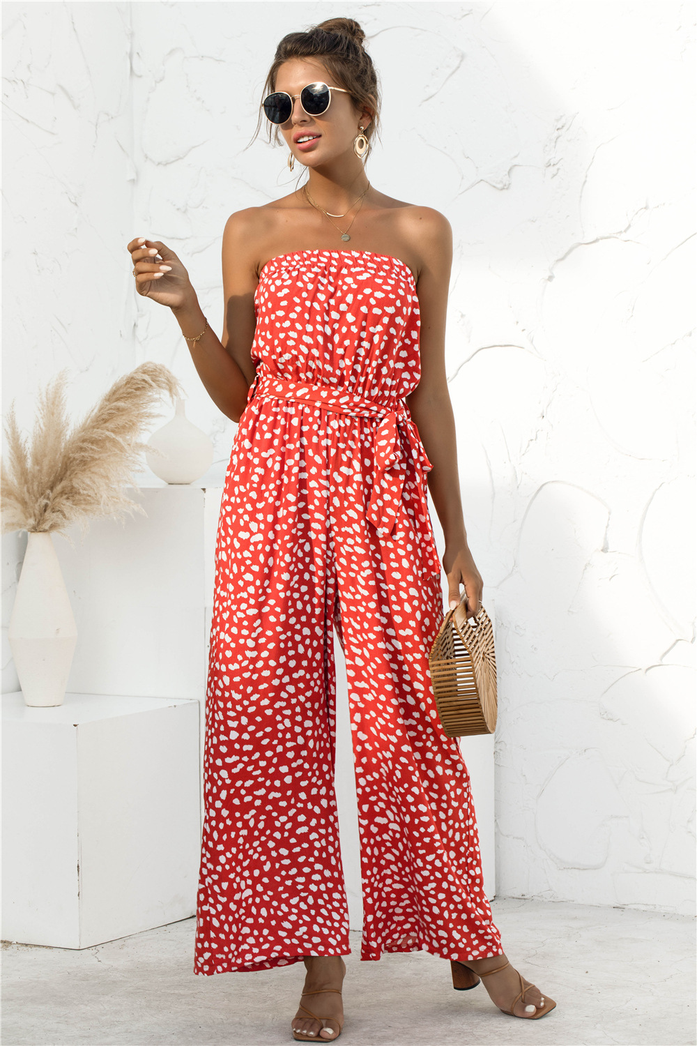Sexy Strapless Heart shaped Polka dot Print Lace up Wide leg Jumpsuit