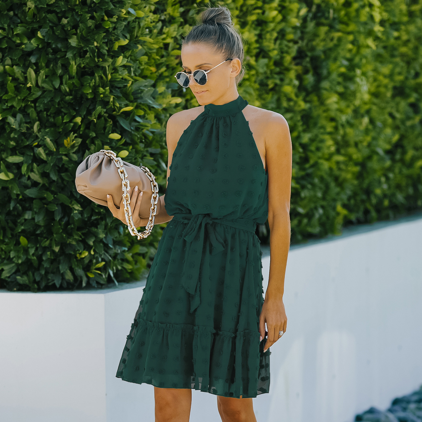 Swiss Dot Halter Neck Midi Dress