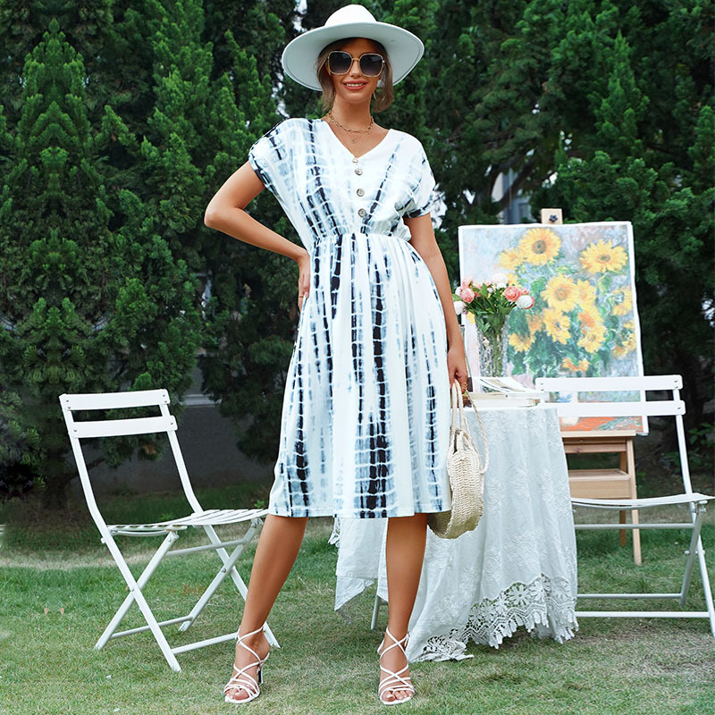 V neck Casual Loose Tie Dye Short Sleeve Midi Dress