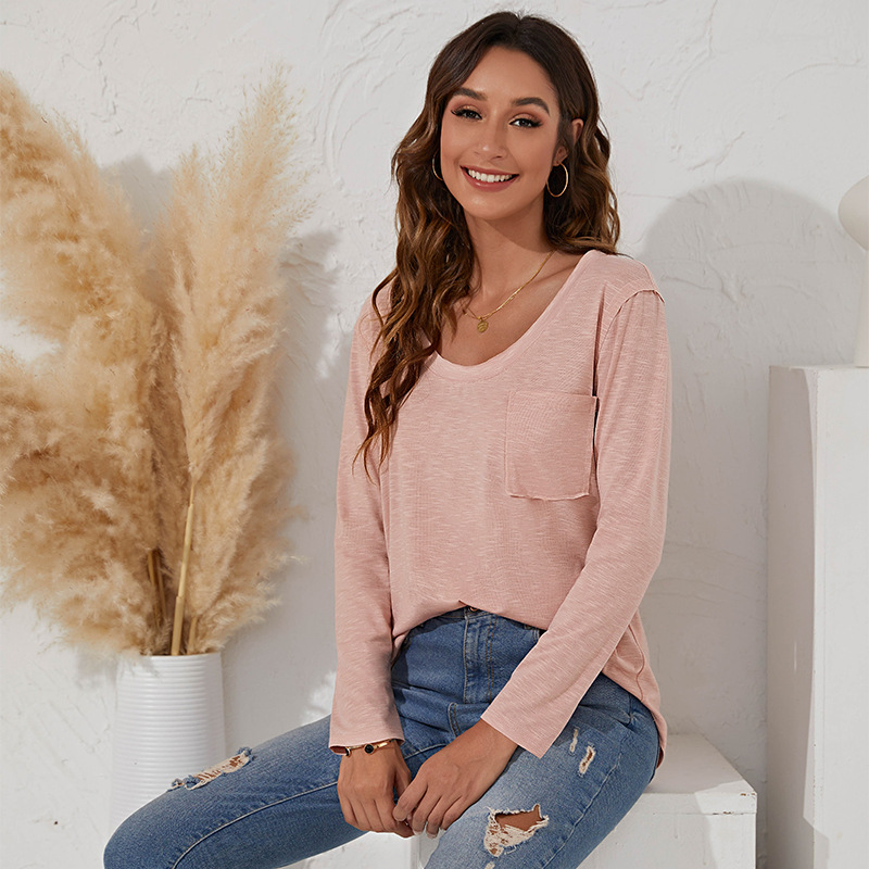 Casual Loose Pocket Crew Neck Long Sleeve T Shirt