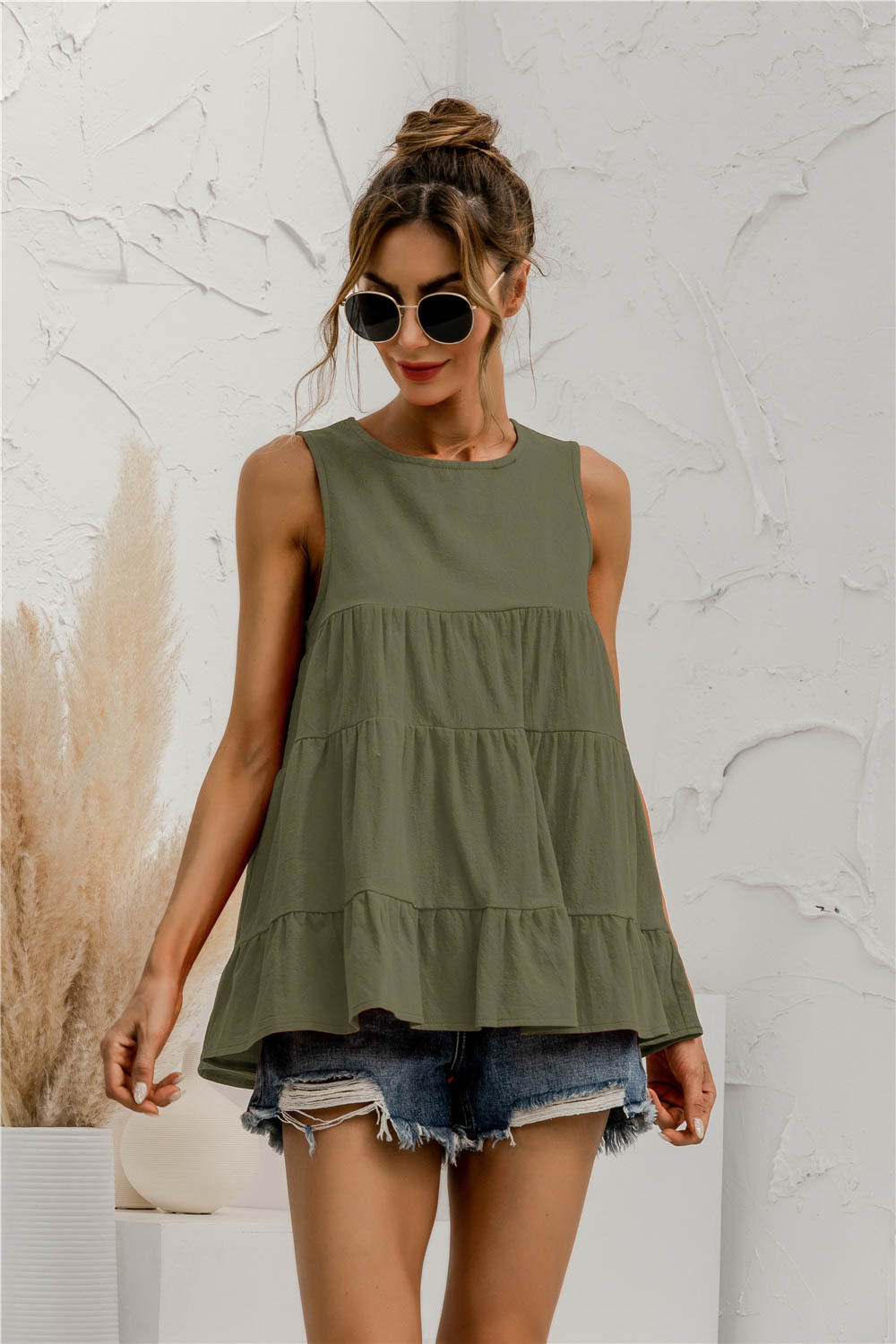 Round Neck Sleeveless Stitching Loose Blouse