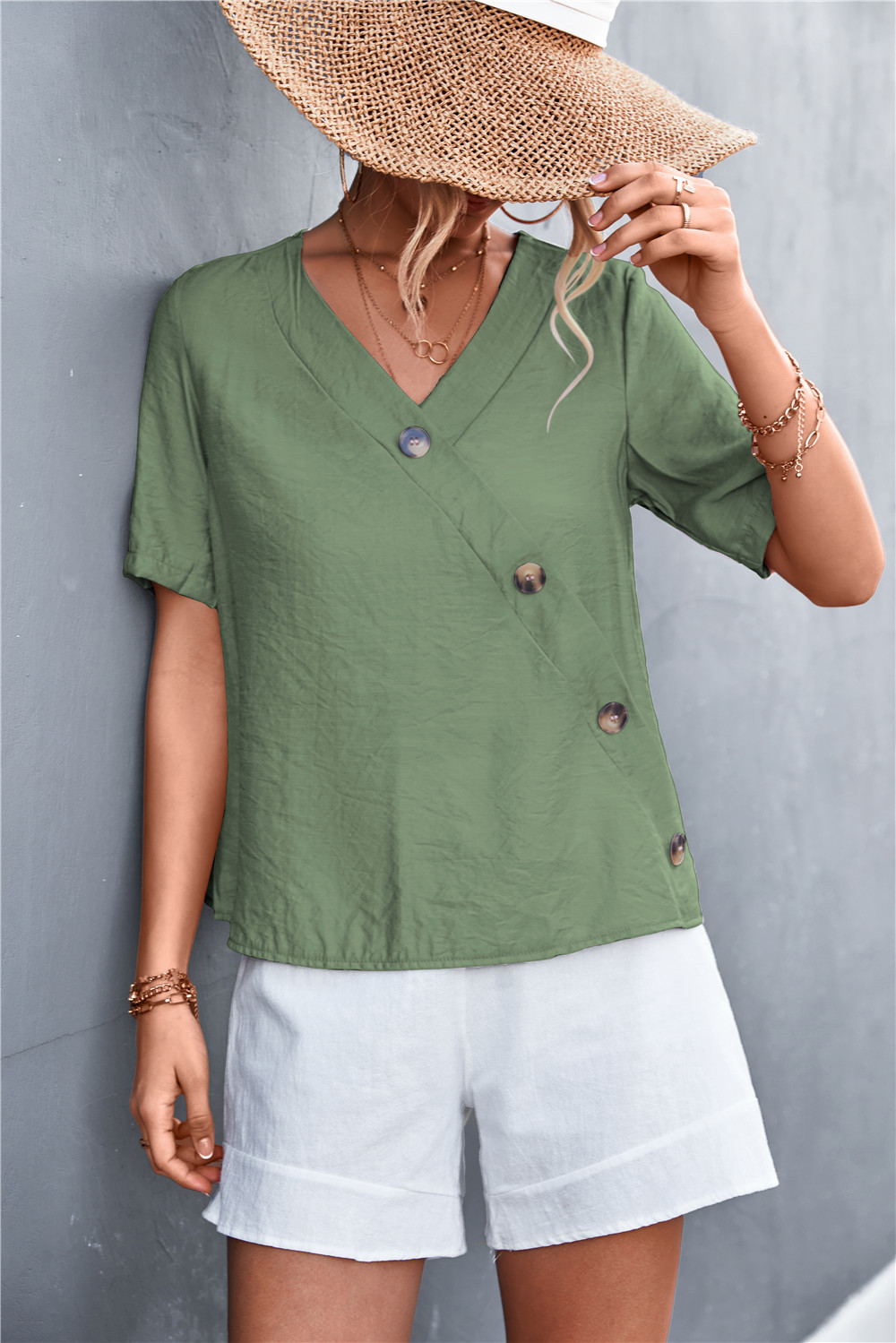 Casual Shirt V Neck Button Short Sleeve Blouse